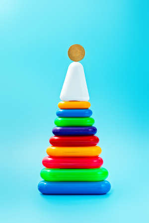 Bitcoin pyramid. Bitcoin concept on childrens toy pyramidの写真素材