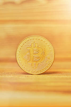 Bitcoins with Candle stick graph chart and digital background.Golden coin with icon letter B. Mining or blockchain technologyの写真素材