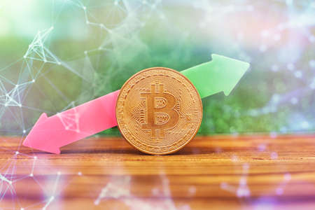 Bitcoins with Candle stick graph chart and digital background.Golden coin with icon letter B. Mining or blockchain technologyの写真素材