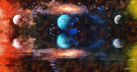 Nebula and galaxies in space. Deep reflected space in water, Space many light years far from the...