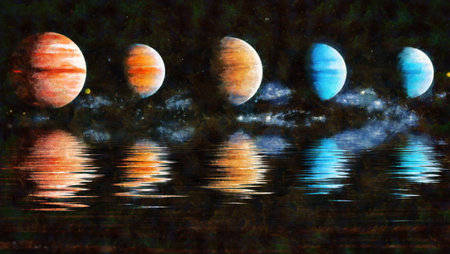 Beautiful unusual space planet in space reflected in water, galaxy stars night sky