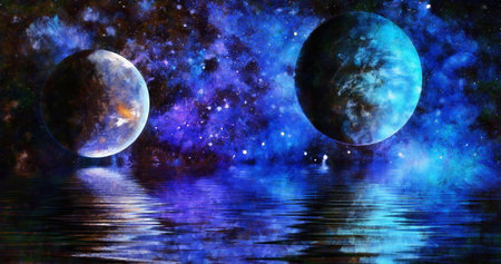 Beautiful unusual space planet in space reflected in water, galaxy stars night skyの写真素材
