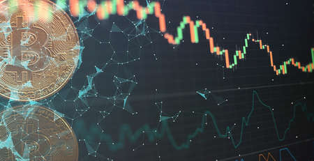 Bitcoin Stock Growth. Chart shows a strong increase in the price of bitcoin. Investing in virtual assets. Investment platform with charts and bitcoin coin.の写真素材