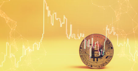 Bitcoin currency rising arrow price record highs on keyboard computer with golden bitcoin and other...