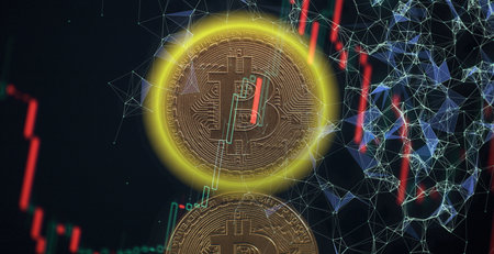 Bitcoin currency rising arrow price record highs on keyboard computer with golden bitcoin and other...