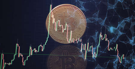 Bitcoin currency rising arrow price record highs on keyboard computer with golden bitcoin and other...