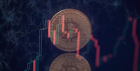 Bitcoin currency rising arrow price record highs on keyboard computer with golden bitcoin and other...