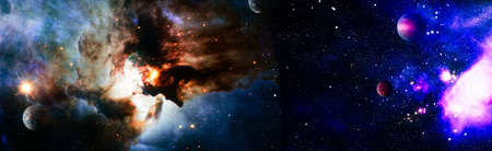Stars of a planet and galaxy in a free space. Colored nebula and open cluster of stars in the...