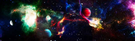 Stars of a planet and galaxy in a free space. Colored nebula and open cluster of stars in the...