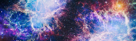 Nebula night starry sky in rainbow colors. Multicolor outer space. Star field and nebula in deep...