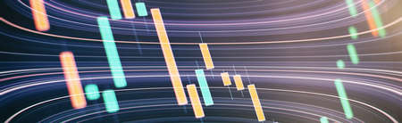 Technical price graph and indicator, red and green candlestick chart on blue theme screen, market volatility, up and down trend. Stock trading, crypto currency background.の写真素材