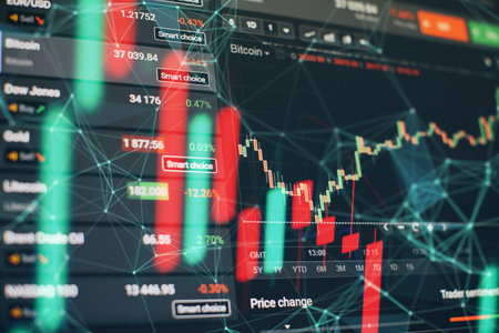 Blurry growing digital graph interface over dark blue background. Concept of stock market and...
