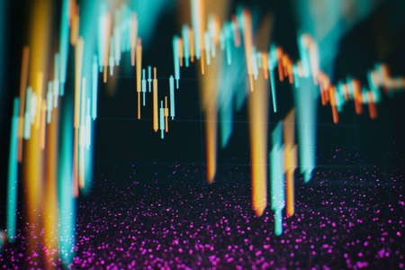 Abstract glowing blue forex chart background with bokeh circles.の写真素材