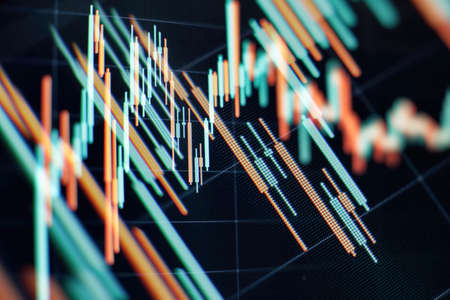 Abstract glowing blue forex chart background with bokeh circles.