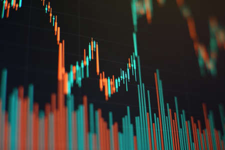 Computer and business strategy as concept. Financial diagram with candlestick chart used in market analysisの写真素材