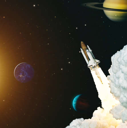 Spaceship takes off into the starry sky. Launch of Space.の写真素材