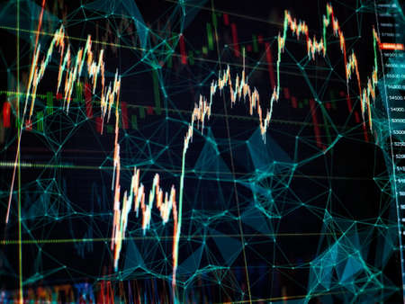 Indicators including volume analysis for professional technical analysis on the monitor of a computer. Fundamental and technical analysis concept.の写真素材