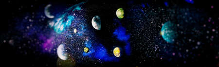 Panoramic looking into deep space. Dark night sky full of stars. The nebula in outer spaceの写真素材