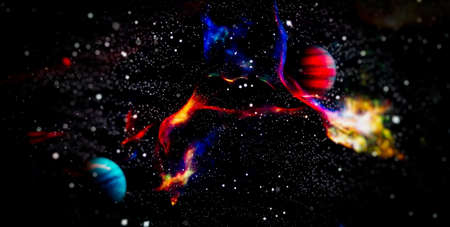 Stars of a planet and galaxy in a free space. Colored nebula and open cluster of stars in the...