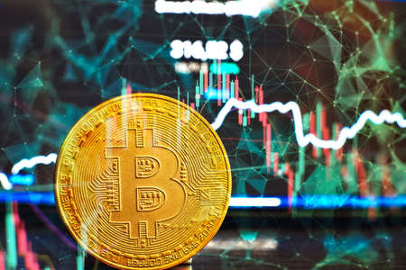 Gold bitcoins with Candle stick graph chart and digital background. Golden coin with icon letter B....