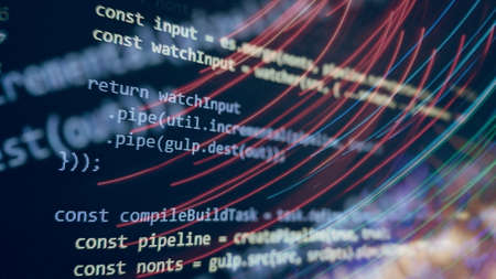 Computer script. Software background. Source code photo. Website programming code. Programmer developer screen. Developer working on program codes in office.の写真素材