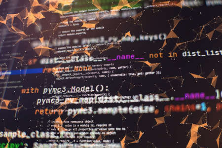 HTML5 in editor for website development. Website HTML Code on the Laptop Display Closeup Photo. Modern tech. Innovative startup project.の写真素材