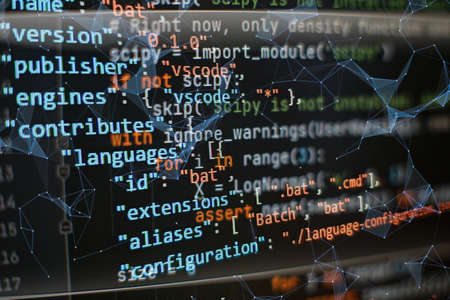 Website development. Developer working on program codes in office. Computer program. Programmer workplace. Programming code. Software source code.の写真素材