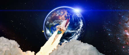 Rocket in space, earth in distance. Space shuttle orbiting Earth planet.