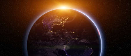 Planet Earth view. The World Globe from Space in a star field showing the terrain and clouds.の写真素材