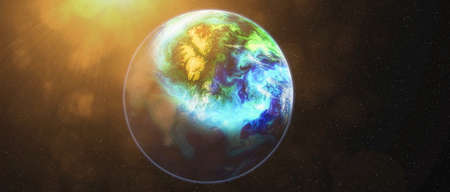 Planet Earth view. The World Globe from Space in a star field showing the terrain and clouds.