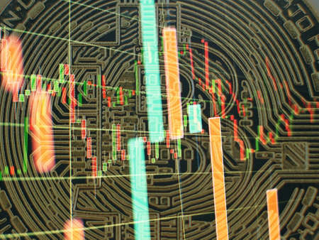 Chart shows a strong increase in the price of bitcoin. Investing in virtual assets. Investment platform with charts and bitcoin coin.の写真素材