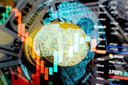 Bitcoins coins isolated on motherboard background. Crypto currency, bitcoin. BTC, Bit Coin. Blockchain technology, bitcoin mining.の写真素材