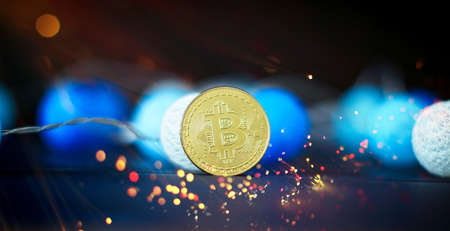 Bitcoin Stock Growth. Chart shows a strong increase in the price of bitcoin. Bitcoin gold coin and...