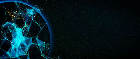 Global world network and telecommunication on earth cryptocurrency and blockchain and IoT.