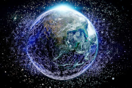 Earth cryptocurrency and blockchain and IoT Communication technology for internet business. Global...