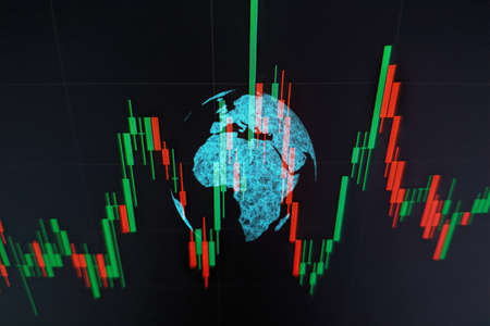 New modern computer and business strategy as concept. Financial diagram with candlestick chart used in market analysis for variation report of share priceの写真素材