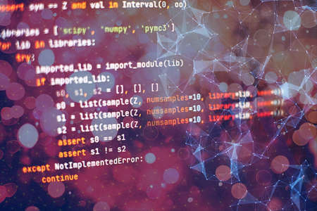 SEO optimization. Modern tech. PHP syntax highlighted. Writing programming functions on laptop. Big data and Internet of things trend.の写真素材
