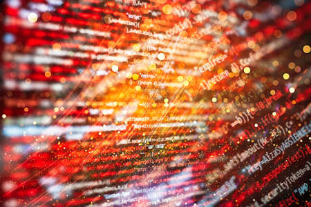 Computer script. Web develop company web interface icon for software design concept. PHP code abstract technology background.の写真素材