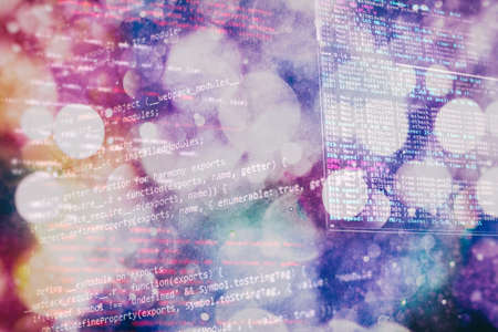 Web programming functions on laptop on laptop. IT business. Python code computer screen. Mobile application design Concept.の写真素材