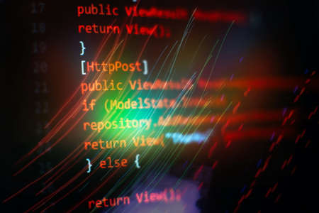 Computer script. Web develop company web interface icon for software design concept. PHP code abstract technology background.の写真素材