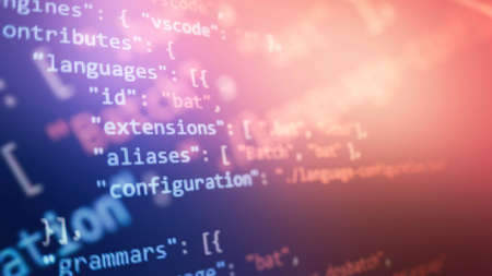 Desktop PC monitor photo. Javascript functions, variables, objects. Project managers work new idea. Future technology creation process.の写真素材