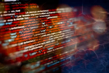 Computer script. Web develop company web interface icon for software design concept. PHP code abstract technology background.の写真素材