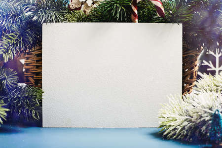 Wooden table decorated with Christmas gifts. Background with copy space mockup. Merry Christmas and happy new year.の写真素材