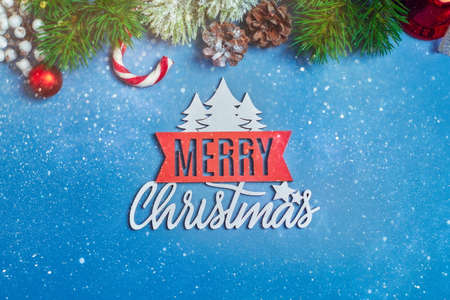 Christmas background with fir tree and decor. Top view with copy spaceの写真素材