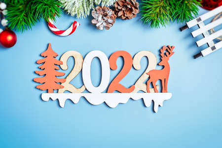 2022 new year background. Seasonal packaging and New Year's attributesの写真素材