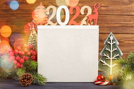 Christmas Decoration With Ornament And Defocused Lights, Christmas card with fir and decor on...