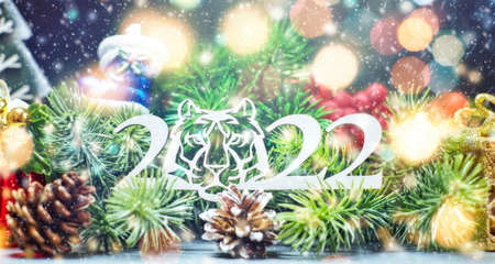 Holiday time. Happy New Year. Space for text.Christmas composition. Frame made of pine branches, fir...
