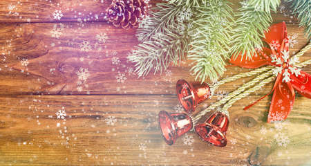 Happy New Year holiday concept. New Year decorations, tree, snowflake, pine cone, gifts on background. Holiday party greeting card mockup with copy space. Flat lay, top view, overhead.