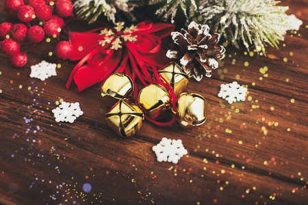 Festive Christmas greeting card with decorated fir tree and copy space for your xmas greetings. Top view flat layの写真素材