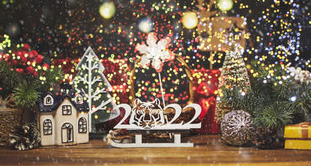 Merry Christmas and Happy Holidays, Boxes with gifts for Christmas and various attributes of holiday...